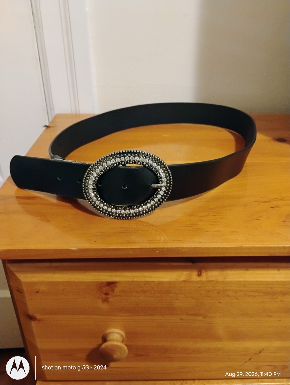 Black Leather Belt with Decorative Oval Rhinestone Buckle